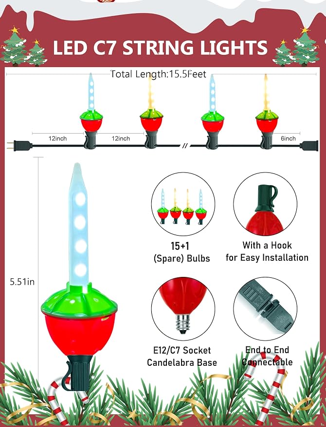 Christmas Multicolor Bubble Lights Set, 15.5Ft Vintage Bubble String Lights with 16 Multicolor Bubble Lights (1 Spare), Christmas Decorations for Christmas Tree Holiday Patio Home Decor, C7/E12 Base