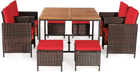 HAPPYGRILL 9PCS Patio Dining Set Outdoor Dining Furniture Set with Cushioned Seating, Space-Saving Dining Table with Acacia Wood Tabletop Wicker Chair and Ottoman Sets for Backyard Garden Poolside