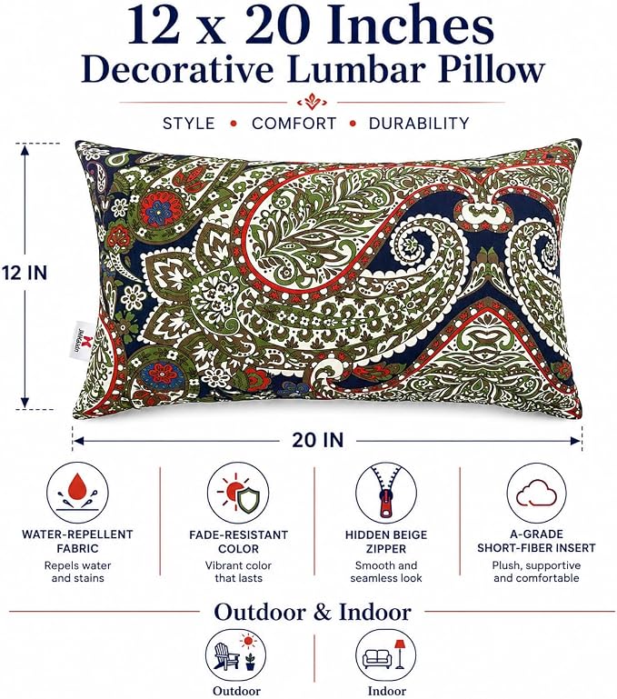 Pack of 2 Patio Lumbar Pillows 12"x20" | Fade Resistant Outdoor Waterproof Lumbar Pillow with Inners Decorative Garden Lumbar Cushions for Home Patio Terrace Sofa