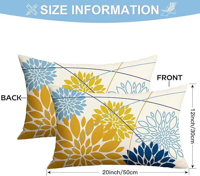 OTOSTAR Outdoor Yellow Light Blue Pillow Covers 12x20 Inch Set of 2 Dark Blue Flower Throw Pillows Farmhouse Geometric Dahlia Floral Lumbar Cushion Case Waterproof Decor for Sofa Patio Funiture Garden