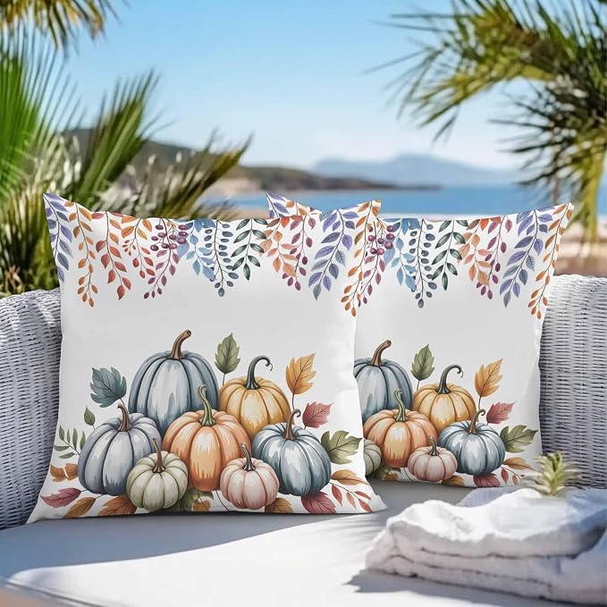 Orange Fall Pumpkins Outdoor Waterproof Pillow Covers, Eucalyptus Leaves Country Farmhouse Decorative Square Throw Pillowcase Sofa Cushion Sham for Patio/Couch/Chair, 24"x24" 2 Pack
