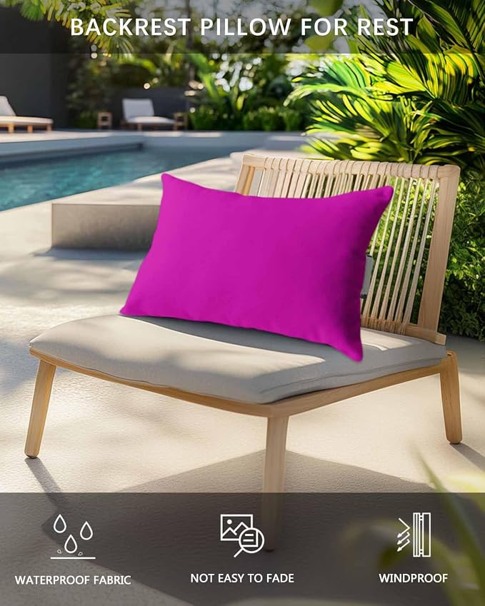 Outdoor Pillow for Lounge Chair with Strap & Insert Rosy Red Recliner Head Pillow Solid Pink Color Waterproof Headrest Patio Lumbar Pillows for Beach Pool Office Chaise Chair 12x20 Inch