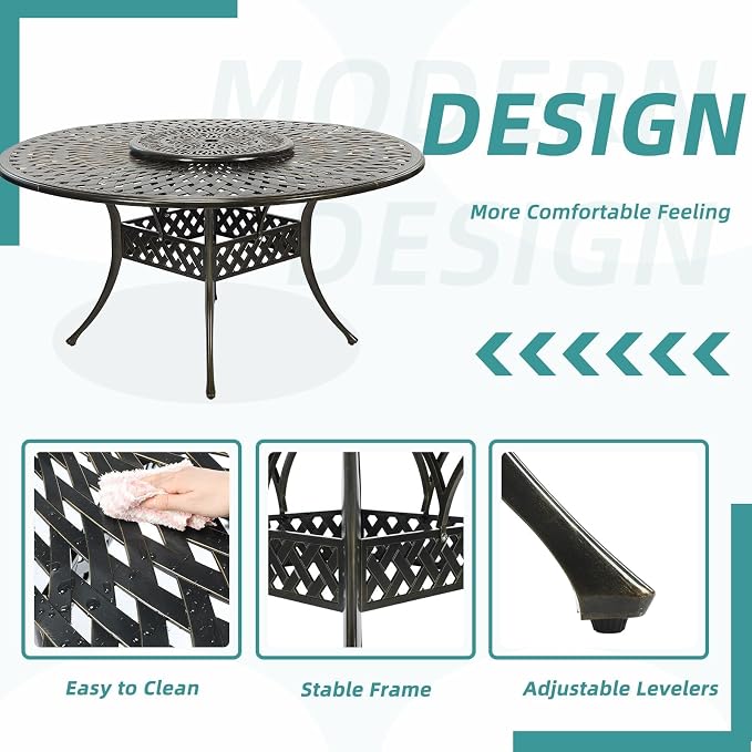 MEETWARM Outdoor 61" Large Patio Round Dining Table for 6-8 Person, All Weather Cast Aluminum Patio Dining Table with 24" Lazy Susan Turntable, Umbrella Hole for Balcony, Porch and Deck