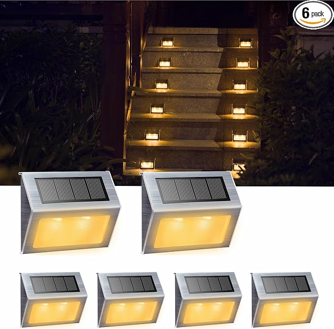 XLUX Warm White Solar Lights for Deck Step Fence Post, SST Housing, 6 Pack | Soft warm non-glare LED, sturdy stainless steel casing , outdoor use, Rainproof, Automatic ON/OFF, not excessively bright
