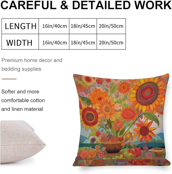Cushion Covers Colorful Painting of Sunflowers Outdoor Square Pillow Cushion Cases Beautiful Flower Pattern Decorative Throw Pillow Covers 16"x16" for Outdoor Bed Sofa Cutton Linen Cushion Cases