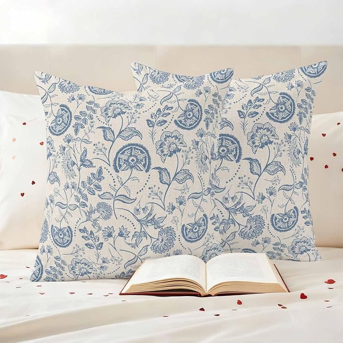 Outdoor Pillow Covers 26x26 Set of 2, Blue Paisley Waterproof Patio Throw Pillow Covers for Couch Sofa Chair, Vintage Boho Flower Botanical Leaf Branch Decorative Pillowcases for Throw Pillows