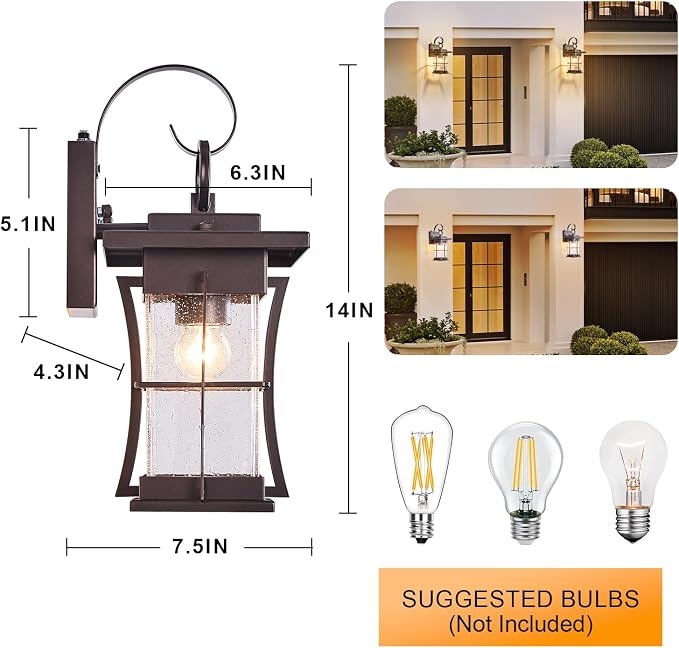 2 Pk Oil Rubbed Bronze Outdoor Sconces Light with Dusk to Dawn Sensor Photocell Exterior Porch Lanterns Outside Wall Lamps Waterproof Brown Metal with Seeded Glass Coach Light Fixtures for House