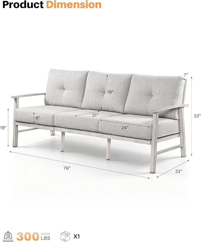 3 Seats Patio Furniture Sofa, Outdoor Aluminum Couch with 5.9'' Soft Cushion, 3-Seater All-Weather Outdoor Patio Furniture Sofa Couch for Balcony, Poolside, Lawn, White Oak