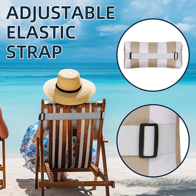 Outdoor Pillow for Chaise Lounge Chair, 2pcs Striped Chaise Lounge Pillows, Adjustable Strap Head Lumbar Pillow for Patio Pool Beach Office, Khaki
