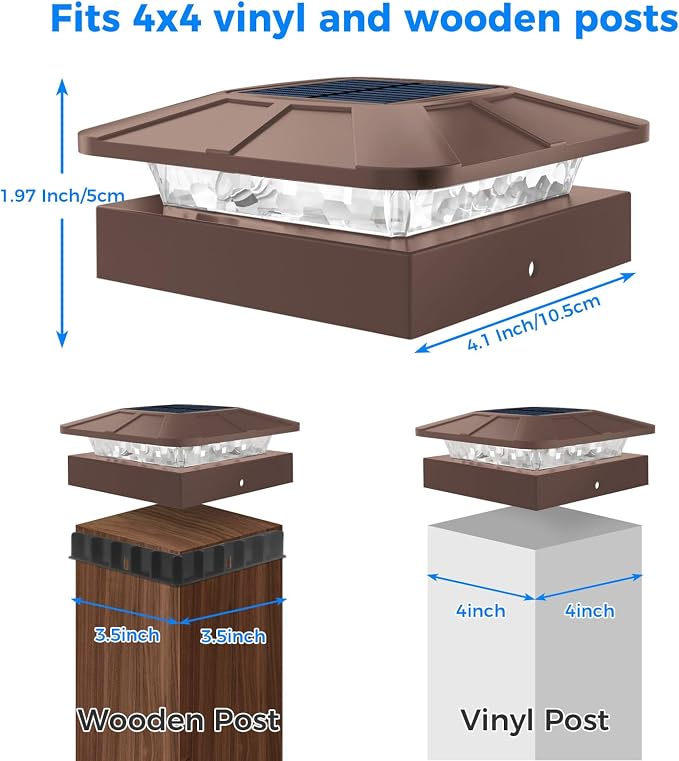 4x4 Solar Post Cap Lights Outdoor with 3 Lighting Modes, 4 Packs Brown Fence Caps Light Fits 4×4/3.5×3.5 Wood/Vinyl Posts, Waterproof Post Top Lighting for Deck Mailbox Porch Railing