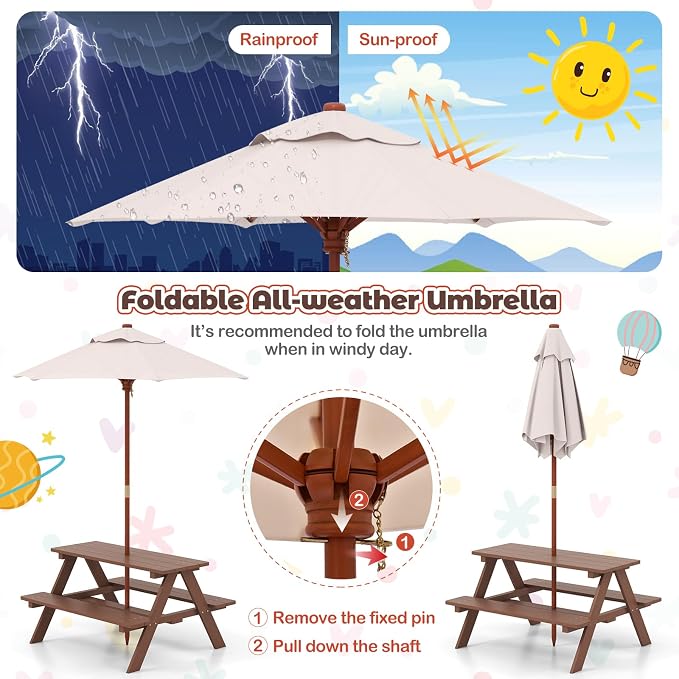 HONEY JOY Kids Picnic Table, Toddler Outdoor Table & Bench Set, Wooden Children Patio Furniture with Folding Umbrella, Kids Picnic Tables for Outdoors, Gift for Boys Girls