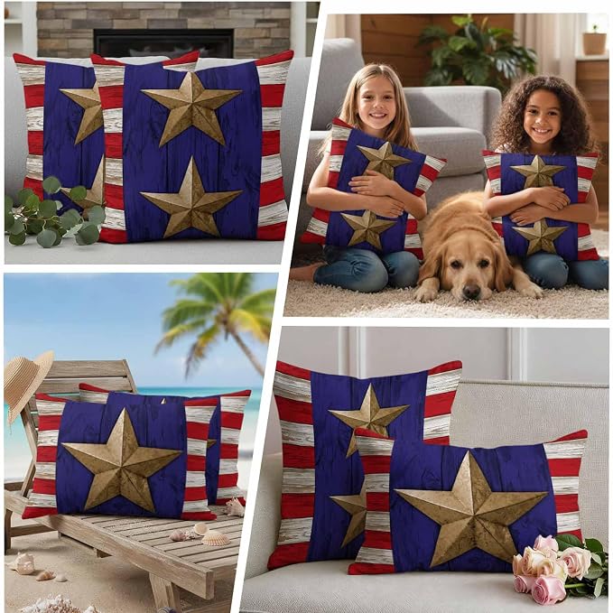 4th of July Outdoor Throw Pillows Covers 24x24 inch Set of 2 Waterproof Patriotic Stars Stripes Decorative Zippered Cushion Covers for Patio Furniture, Red White Blue Wood Grain Lumbar Pillowcases