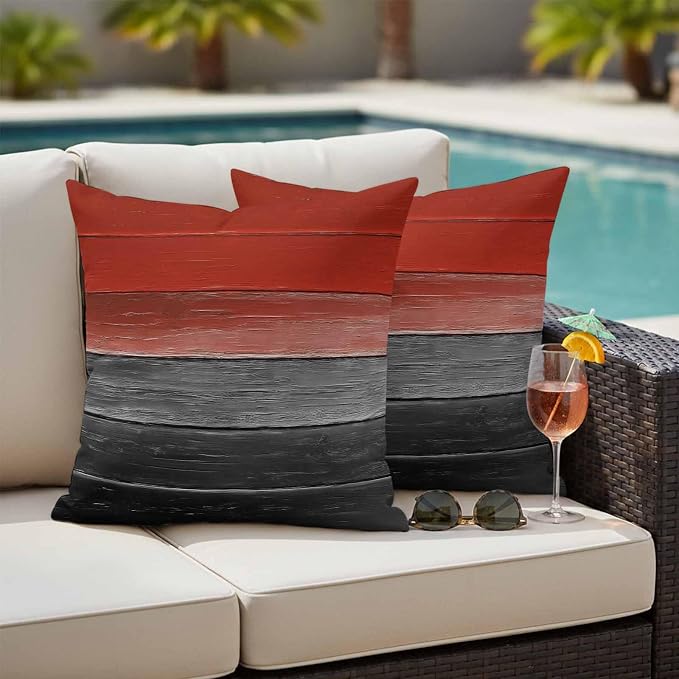 Red Gray Black Outdoor Pillow Covers 18x18 Inch Throw Pillow Covers Set of 2 Waterproof Decorative Pillow Cases Vintage Country Gradient Wooden Grain Cushion Covers for Patio Furniture Garden Couch