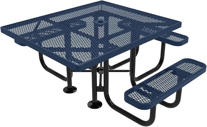 COATEDOUTDOORFURNITURE Heavy-Duty Portable ADA-Compliant Outdoor Picnic Table with Umbrella Hole, Expanded Metal Patio Dining Furniture Made in America (46" Square Top, Textured Dark Blue)