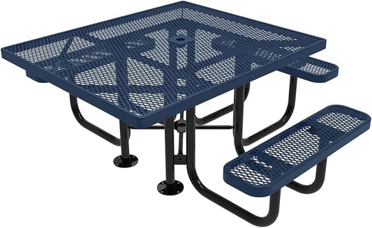 COATEDOUTDOORFURNITURE Heavy-Duty Portable ADA-Compliant Outdoor Picnic Table with Umbrella Hole, Expanded Metal Patio Dining Furniture Made in America (46" Square Top, Textured Dark Blue)
