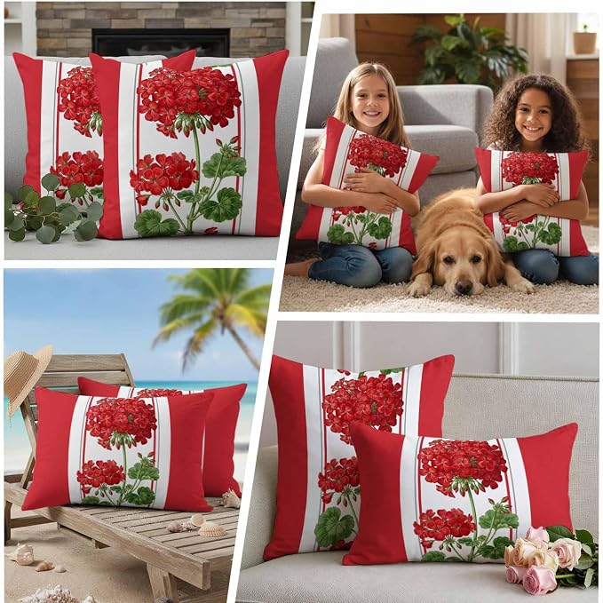 Outdoor Waterproof Pillow Covers Spring Summer Flowers Geranium Decorative Throw Pillow Protectors,Red Geometric Striped Pillowcase Cushion Cases for Patio Sofa Garden Couch,18x18in,Pack of 2