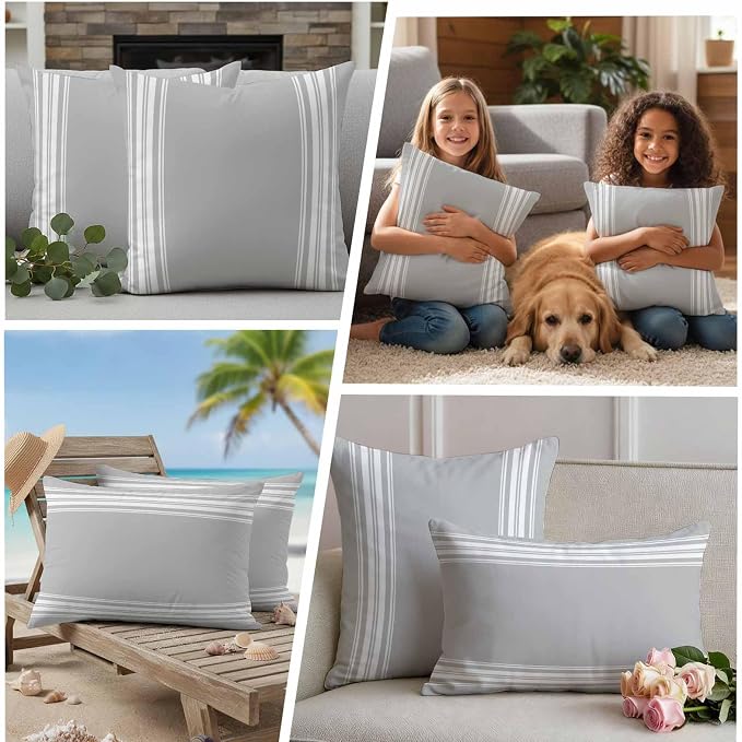Outdoor Pillow Covers 20x20 Set of 2 Grey Stripes Outdoor Pillows Waterproof Throw Pillow Covers French Stripe Farmhouse Style Pillowcases Decorative Case for Patio Cushion