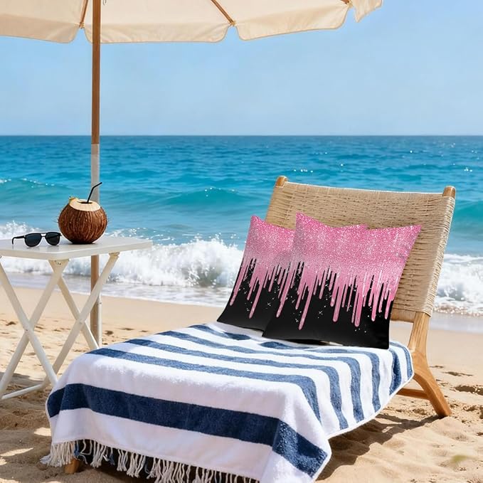 18x18 Inch Outdoor Pillow Covers Set of 2 Waterproof Throw Pillow Covers Decorative Couch Cushion Covers Pink Glitter Flow Square Pillowcases Protectors for Patio Garden Sofa