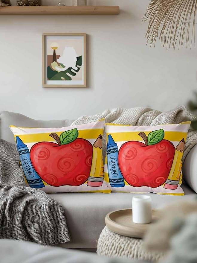 Outdoor Throw Pillow Set of 2, Children's Day Waterproof Pillow with Insert Included, Funny Cartoon Pencil Yellow Striped Decorative Accent Cushion Sofa Pillows for Patio Porch, 16 x 16 in