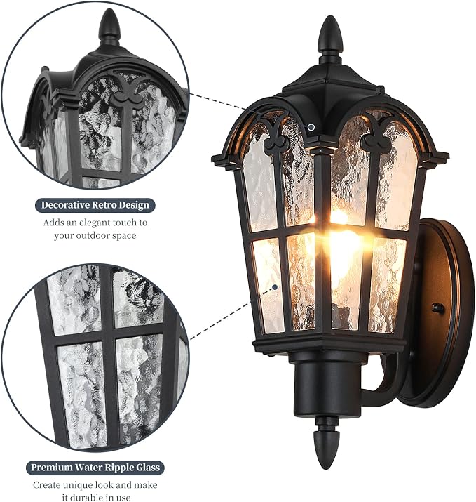 16’’ Large Outdoor Wall Light Fixture, Exterior Wall Lantern Sconce | Waterproof, Rust-resistant, Matte Black, Water Ripple Glass, Quick & Easy Installation, Retro & Traditional