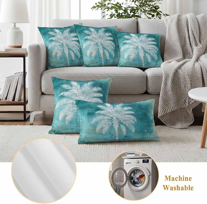 Teal Summer Palm Tree Outdoor Waterproof Pillow Covers, Coastal Beach Tropical Botanical Decorative Square Throw Pillowcase, Vintage Sofa Cushion Sham for Patio/Couch/Chair, 26"x26" 2 Pack