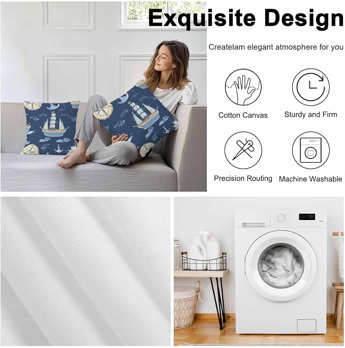 Coastal Boat on Navy Blue Outdoor Pillow Covers 20x20in Pack of 2 Waterproof Pillowcase Nautical Ocean Compass Anchor Decorative Throw Cushion Case for Patio Couch Sofa