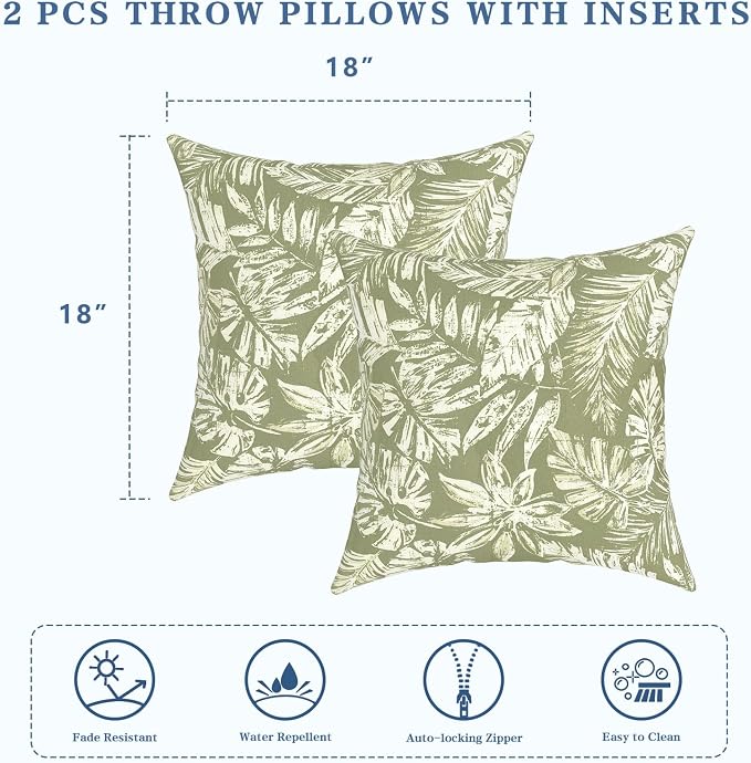 LVTXIII 2 Pack Outdoor Pillows 18x18 Inch, Square Throw Pillows with Inserts, Decorative Water-Repellent Pillow Cushions for Patio Furniture and Garden Sofa, Tropical Leaf Green