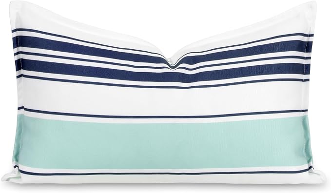 Hofdeco Premium Coastal Patio Indoor Outdoor Lumbar Pillow Cover Only, 12"x20" Water Repellent for Backyard, Couch, Navy Blue Aqua Stripes