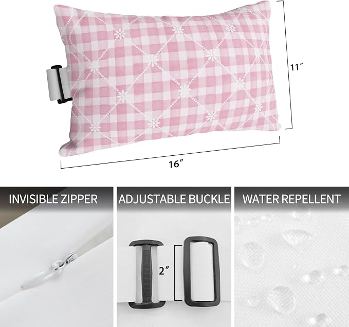 Pink Plaid Flower White Lattice Chaise Lounge Head Pillow, 2 Pack Outdoor Recliner Pillow with Insert&Adjustable Elastic Strap, Romantic Waterproof Throw Pillows for Patio Beach Chair
