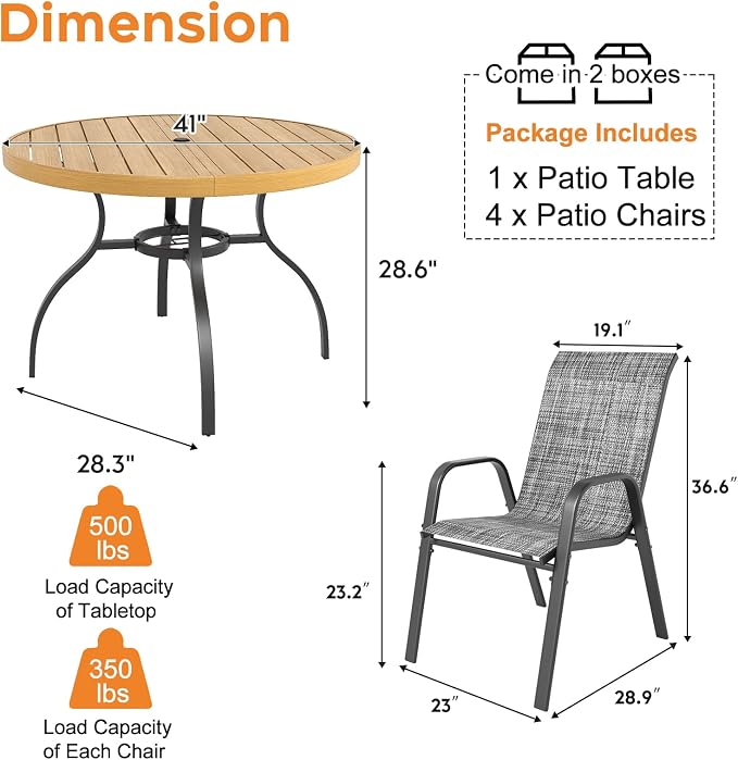 Outdoor Patio Dining Set for 4, 5 Pieces Patio Table and Chairs Set with Umbrella Hole, 41"x 41" Round Metal Wood-Grain Dining Table Set with 4 Stackable Patio Chairs for Deck , Backyard, Porch