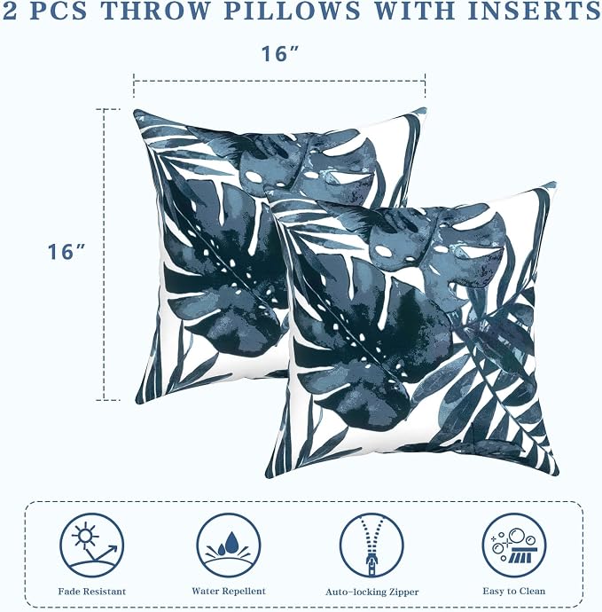 LVTXIII Outdoor Throw Pillows, Decorative Throw Pillows with Inserts, 16"x16" Square Pillows for Bed, Couch, Sofa and Patio Furniture, Set of 2, Palm Blue