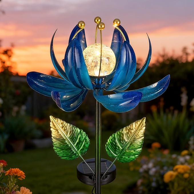 AIINY Solar Garden Lights Metal Flower Decor, Colorful Lotus Pathway Spinning Windmill with LED Cracked Crystal Ball Outdoor Decorative Stake Lighting Waterproof Flower Sculpture for Patio Yard