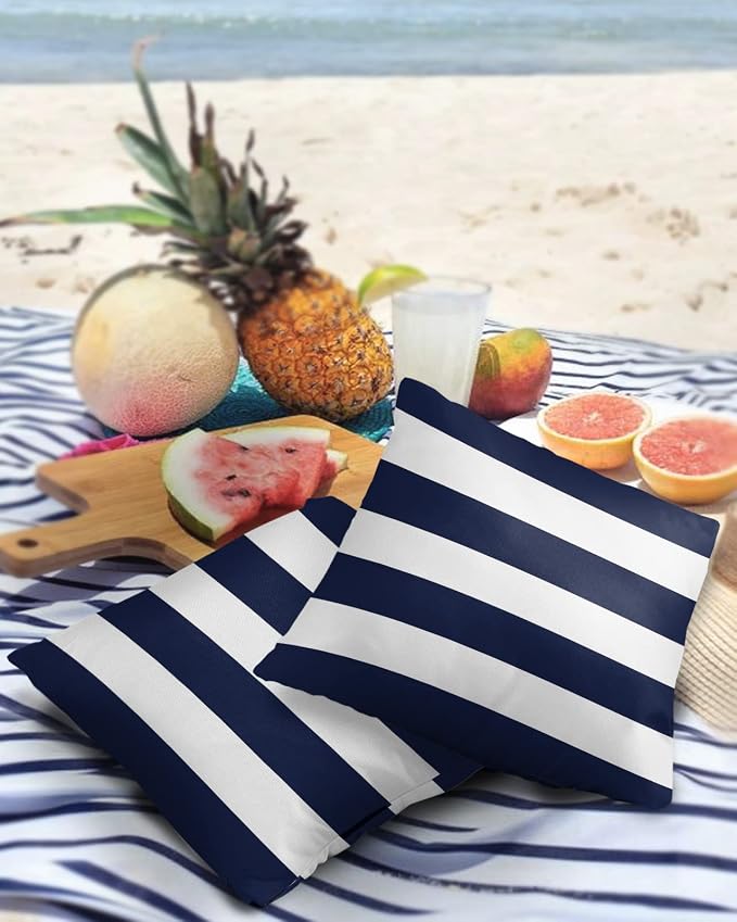 Outdoor Pillows 20x20 Navy Blue White Stripes Waterproof Outdoor Pillow Covers Geometric Simple Summer Throw Pillow Covers Garden Cushion Decorative Case for Patio Couch Decoration Set of 2