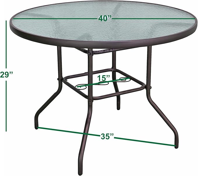 Garden Elements Outdoor Patio Furniture, Round Dining Table, Steel Base and Rim with Water-Wave Glass Top, Brown, 40"