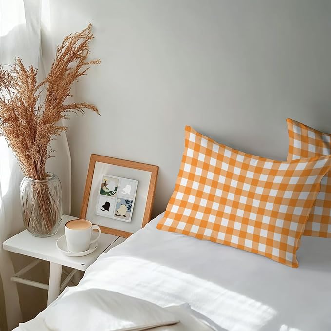 Orange Checks Outdoor Pillow Covers 20"x12" Set of 2, White Gingham Plaid Abstract Modern Summer Waterproof Throw Pillow Covers for Patio Furniture, Decorative Cushion Covers for Porch