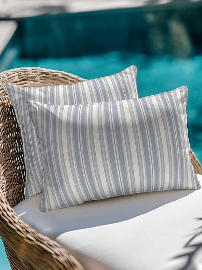 Waterproof Outdoor Pillow Set of 2 Blue Stripes Decorative Throw Pillows Cover & Insert 20x12 Inch Lumbar Pillowcase White Lines Lines Pillows for Couch Sofa Bed Patio Furniture Indoor Outdoor