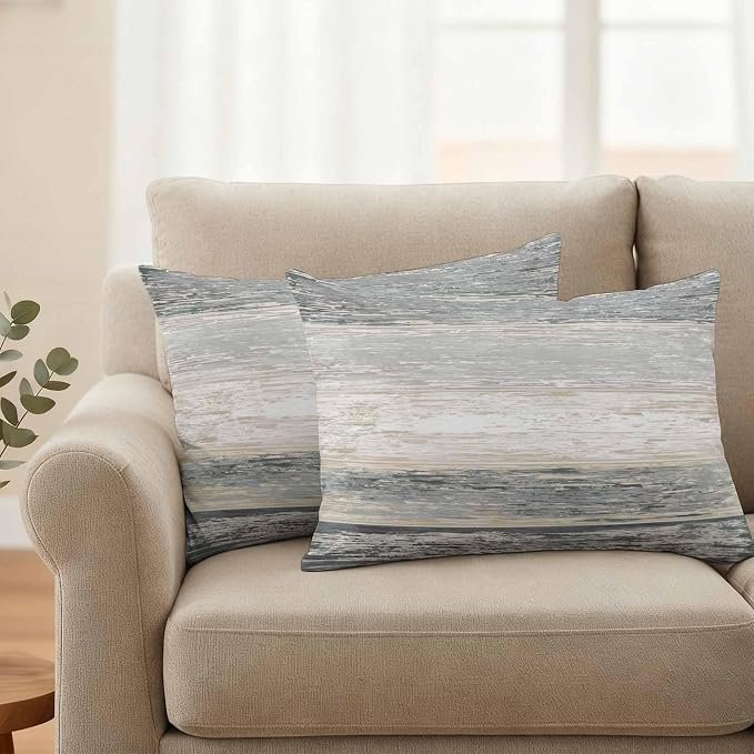 Outdoor Waterproof Throw Pillow Covers, Vintage Black Grey Decorative Pillow Cases, Farmhouse Barn Wooden Striped Couch Pillow Protector Patio Sofa Cushion Covers Replacement 20"x12" 2 Pack