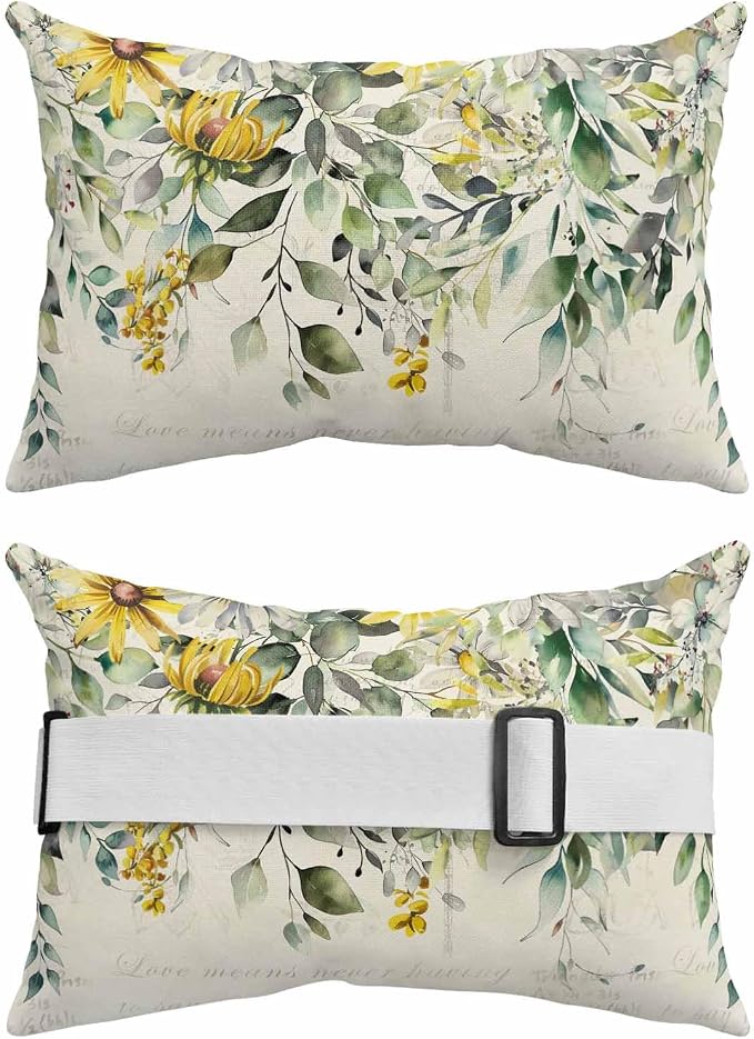 Lumbar Pillow Covers Set of 4, Yellow White Daisy Waterproof Outdoor Chaise Lounge Pillow Covers with Elastic Strap, Eucalyptus Leaves Spring Botanical Vintage Headrest Pillowcase for Patio, 11 x 16