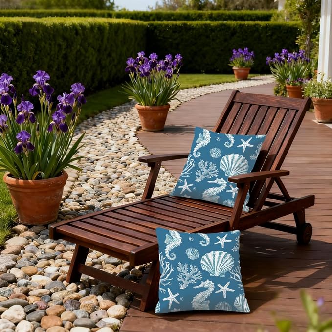 Waterproof Outdoor Pillow Covers Patio Throw Pillow Cases 18x18 Sea Shell | Decorative Throw Pillows Patio Cushion Covers Set of 2, 18x18 Outdoor Pillow Inserts Cover for Couch Chair