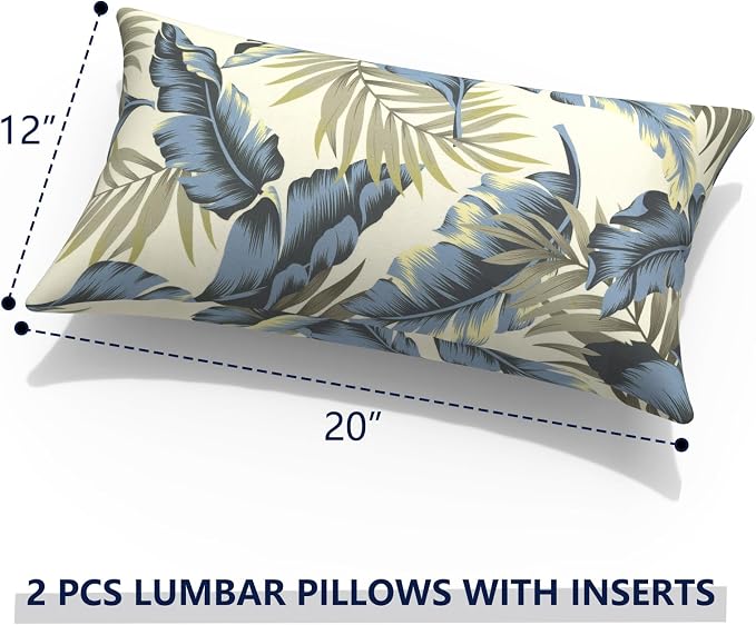 Outdoor Lumbar Pillows with Insert 12x20 Inch, Waterproof Throw Pillow for Patio Furniture, Decorative Lumbar Cushions for Garden Home Sofa Office Chair, Set of 2, Lush Palm Blue
