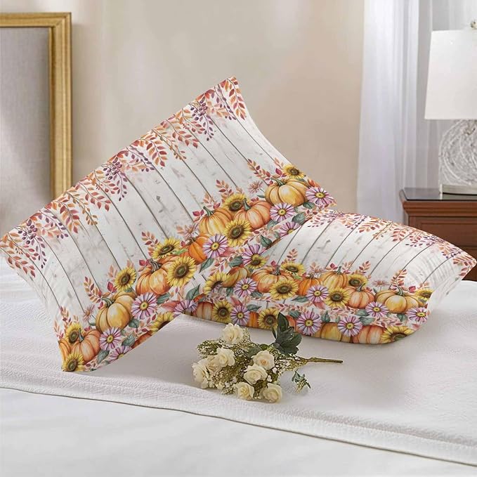 Orange Pumpkins Outdoor Waterproof Pillow Covers, Eucalyptus Leaves Sunflowers Wood Grain Decorative Rectangle Throw Pillowcase Sofa Cushion Sham for Patio/Couch/Chair, 20"x12" 2 Pack
