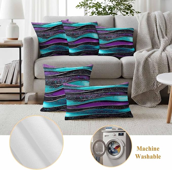 JasmineM Outdoor Pillow Cover 16x16 Inches Set of 2 Abstract Purple Teal Wave Waterproof Throw Pillow Covers Modern Black Strips Decorative Pillowcases Garden Cushion Case for Patio Couch Sofa