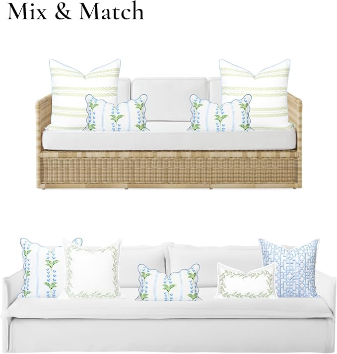 Hofdeco Premium Grandmillennial Coastal Hampton Patio Indoor Outdoor Lumbar Pillow Cover Only, 12"x20" Water Repellent for Backyard, Couch, Poolside, Blue Green Print Striped Lily of the Valley