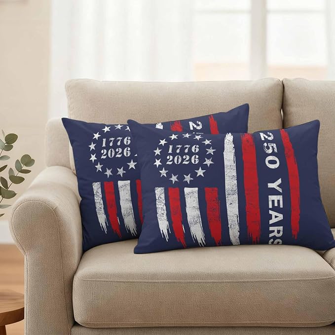 250 Years America Outdoor Pillow Covers 20"x12" Set of 2, Waterproof Throw Pillow Covers for Patio Furniture, USA 250th Anniversary Red White Blue Decorative Cushion Covers for Porch