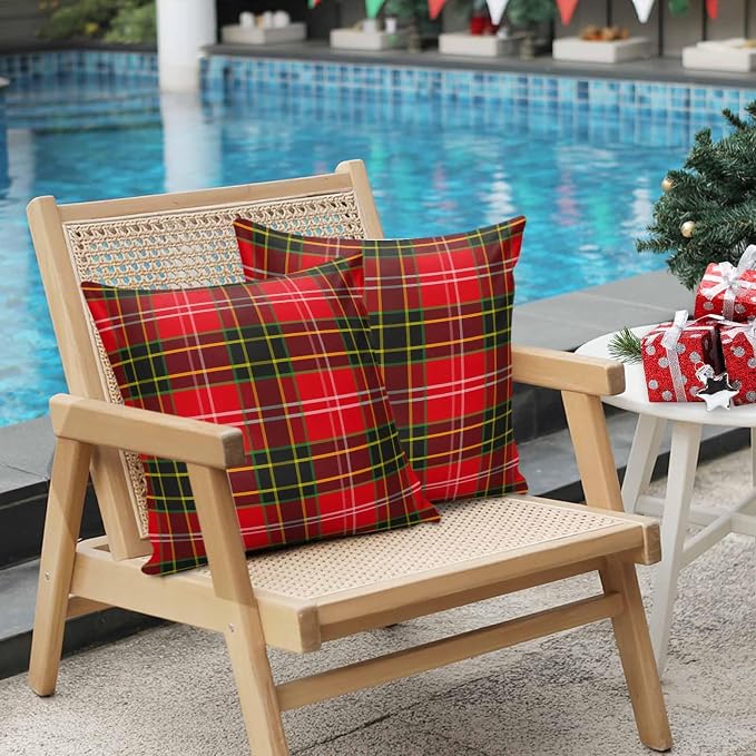 Outdoor Waterproof Throw Pillow Covers, Merry Christmas Red and Green Gingham Tartan Plaid Vintage Farmhouse Decor Pillowcases Cushion Covers Cases for Patio Couch Bench, Pack of 2 Square, 18X18 Inch