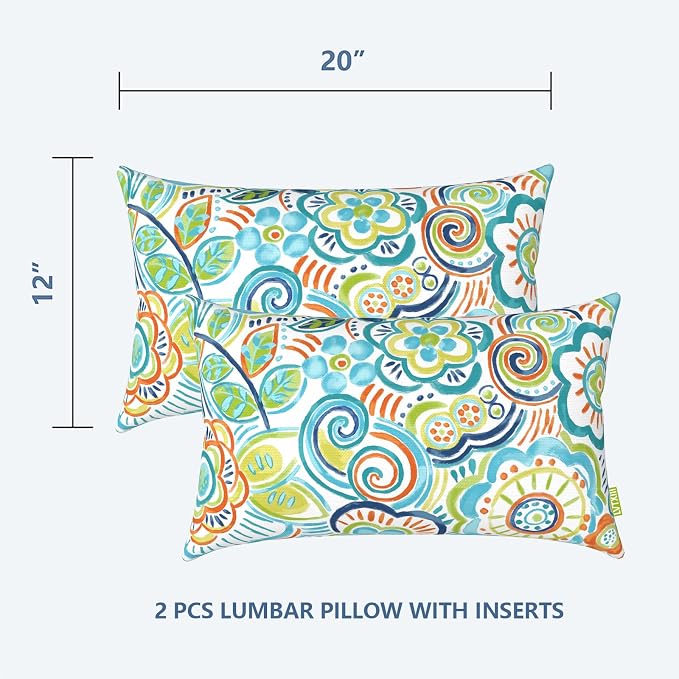 LVTXIII Outdoor/Indoor Lumbar Pillows, Decorative Patio Lumbar Cushions, Fluffy Water Repellent Garden Cushions for Home Patio Coach Sofa Use, 12×20 Inch, Pack of 2, Flower Blue