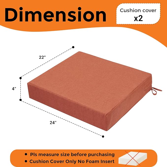 Magpie Fabrics Indoor Outdoor Cushion Cover Replacement 2 Pack, NO Insert! Water Repellent Slipcover with Ties Decor for Patio Garden Chair Sofa Bench Wicker(Coral, 24x22x4 Inch)