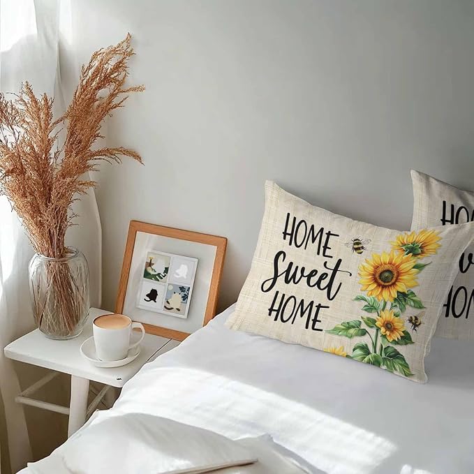 Lumbar Pillow Covers 20x12 Inch Set of 2, Spring Sunflowers Waterproof Outdoor Pillow Covers, Bee Beige Farm Country Rustic Decorative Cushion Pillowcases for Couch, Sofa, Bed, Garden, Patio