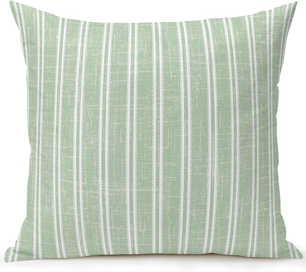 Waterproof Outdoor Pillow 1 Pack Green Linen Striped Decorative Throw Pillows Cover & Insert 16x16 Inch Pillowcase Vertical Stripes Lines Pillows for Couch Sofa Bed Patio Furniture Indoor Outdoor