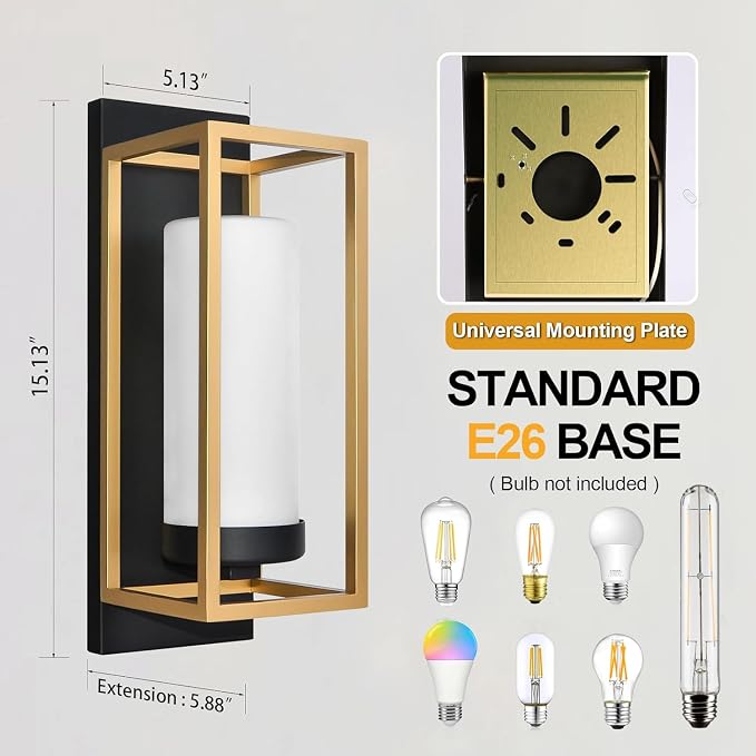 ALVIME Black and Gold Wall Sconce Set of 2, Modern Outdoor Wall Lights, Hardwired Exterior Porch Light Fixtures, Waterproof Front Door Lighting, E26 Base for House Garage Patio